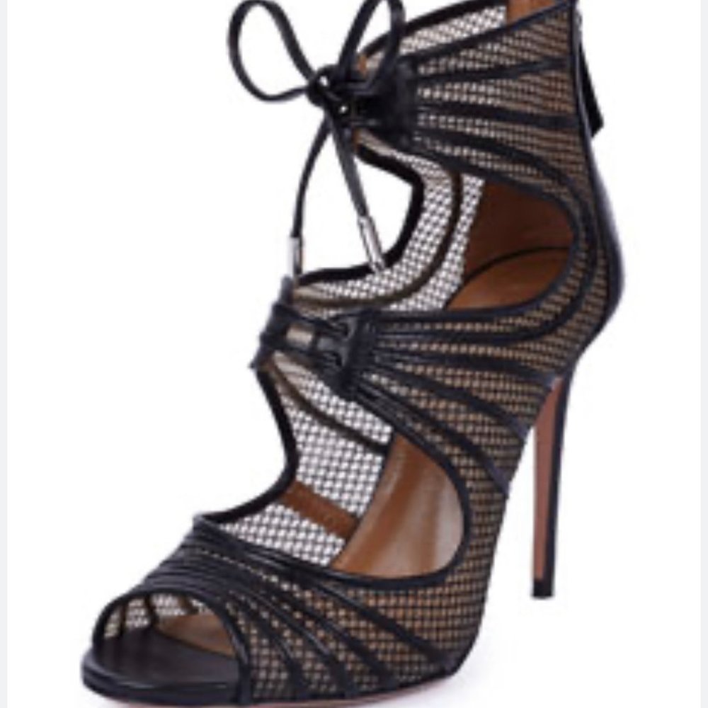 Aquazzura Black Muse Leather-Trimmed Mesh Caged Sandal sz 8